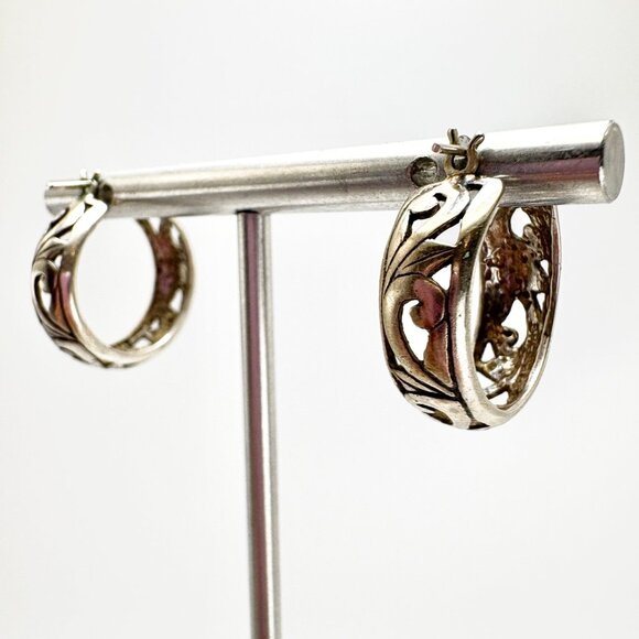 VTG Sterling Silver 925 Scroll Design Hoop Earrings Size 0.75" Diameter - Picture 2 of 11